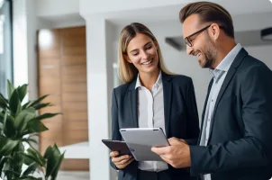 Two business partners looking at a tablet.