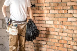 An electrician holding a bundle of wires at a construction site.