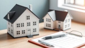 A small house model sits next to a clipboard with a pen on a desk.