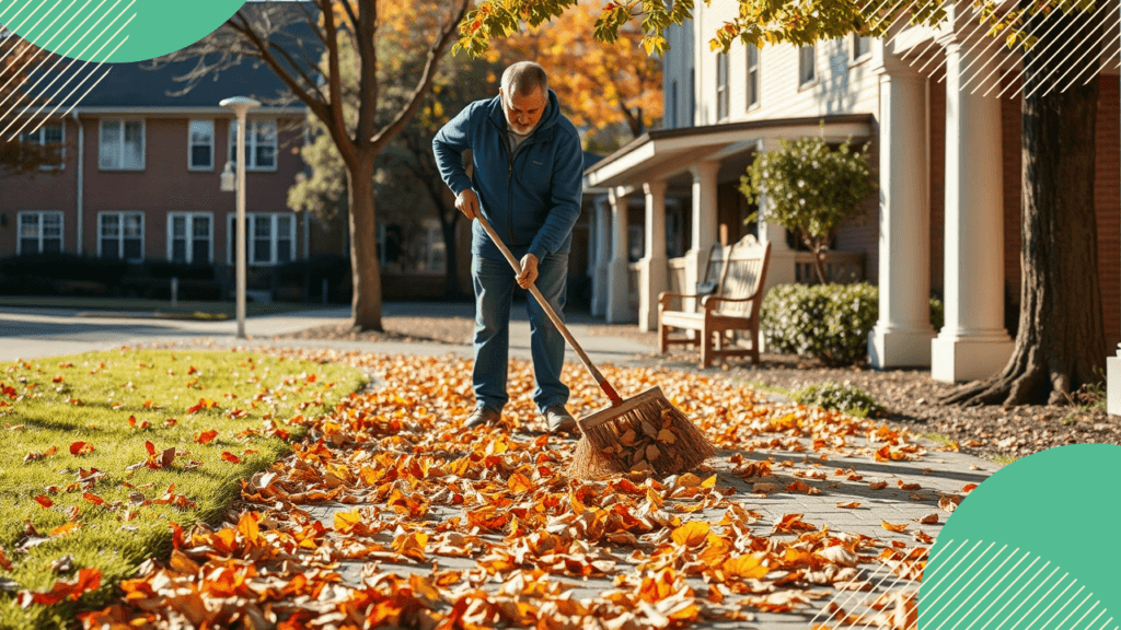 A person sweeping leaves from a paved walkway by a community building