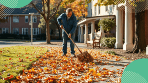 A person sweeping leaves from a paved walkway by a community building