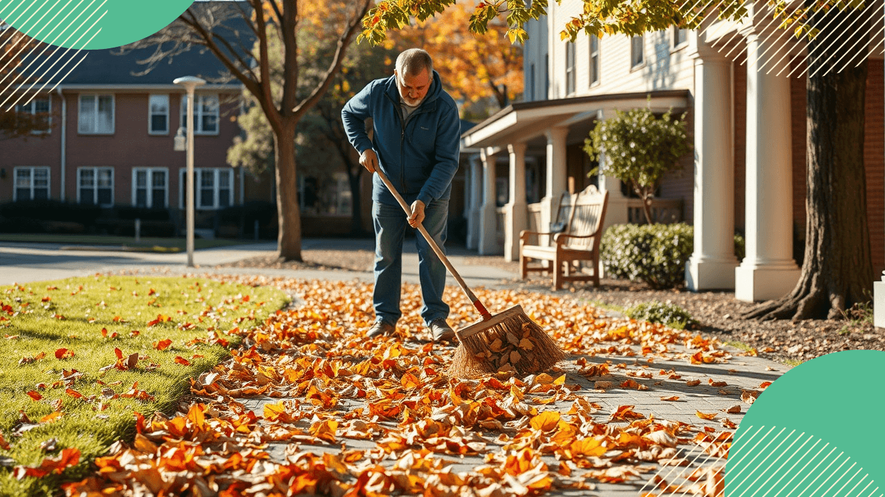 A person sweeping leaves from a paved walkway by a community building
