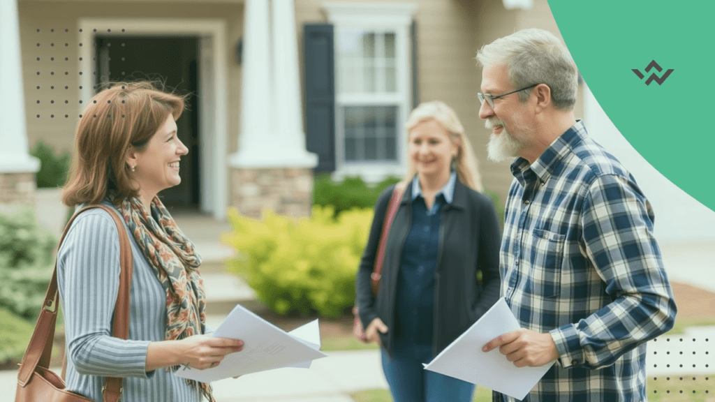 A friendly board member talking to a homeowner with papers in hand