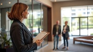 A woman in a suit stands by a condo lobby with a clipboard and talks to two residents.
