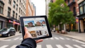 A person holding a tablet displaying condominium listings while standing on a city street