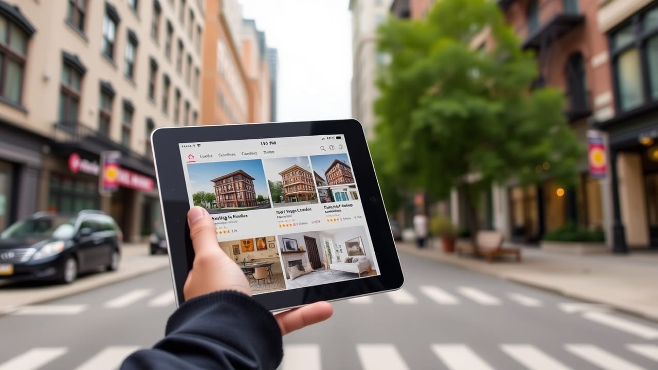 A person holding a tablet displaying condominium listings while standing on a city street