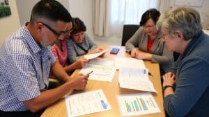 A small group of residents looks at printed energy bills and a chart at a table.