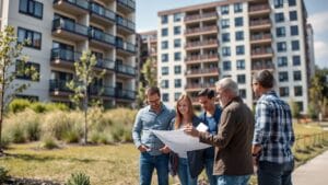 A small group of people looks at blueprints beside a condo building.