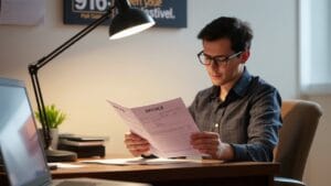A person at a desk reads a past-due invoice under a lamp.