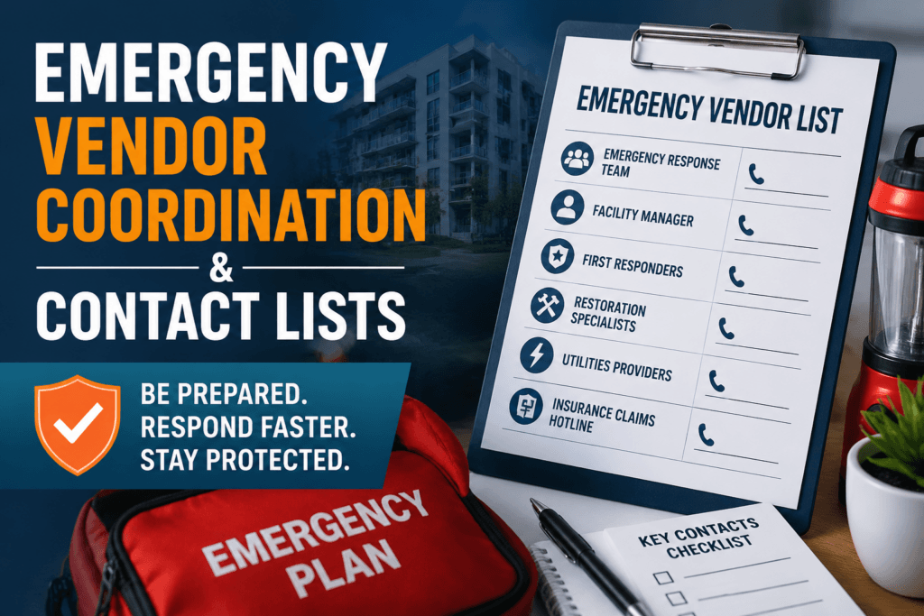 Professional blog thumbnail showing a clipboard with an emergency vendor contact list, including entries for emergency response team, facility manager, first responders, restoration specialists, utilities providers, and insurance claims hotline. Background features office items and a red emergency plan kit. Text overlay reads 'Emergency Vendor Coordination & Contact Lists' with a shield icon and the message 'Be prepared. Respond faster. Stay protected.' Colors include blue, orange, and white, conveying urgency and preparedness.