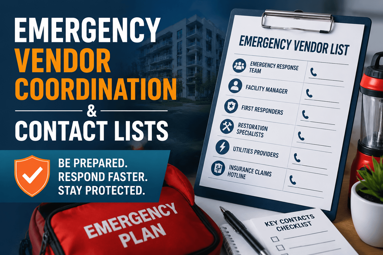 Professional blog thumbnail showing a clipboard with an emergency vendor contact list, including entries for emergency response team, facility manager, first responders, restoration specialists, utilities providers, and insurance claims hotline. Background features office items and a red emergency plan kit. Text overlay reads 'Emergency Vendor Coordination & Contact Lists' with a shield icon and the message 'Be prepared. Respond faster. Stay protected.' Colors include blue, orange, and white, conveying urgency and preparedness.