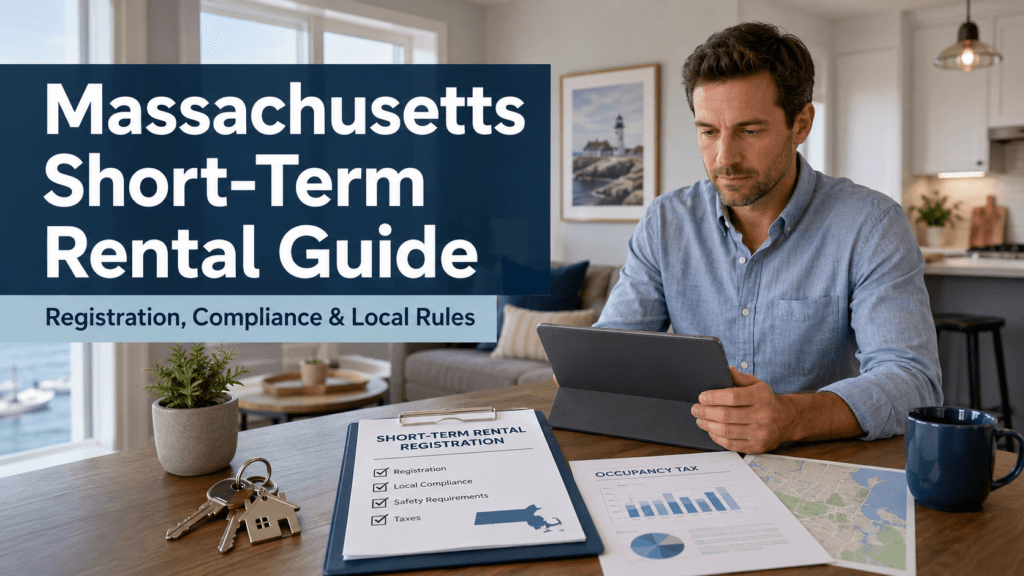 "A man reviewing short-term rental registration documents and occupancy tax charts in a bright modern apartment. A clipboard with a checklist, keys, and a tablet are on the table. Text overlay reads 'Massachusetts Short-Term Rental Guide – Registration, Compliance & Local Rules.'”