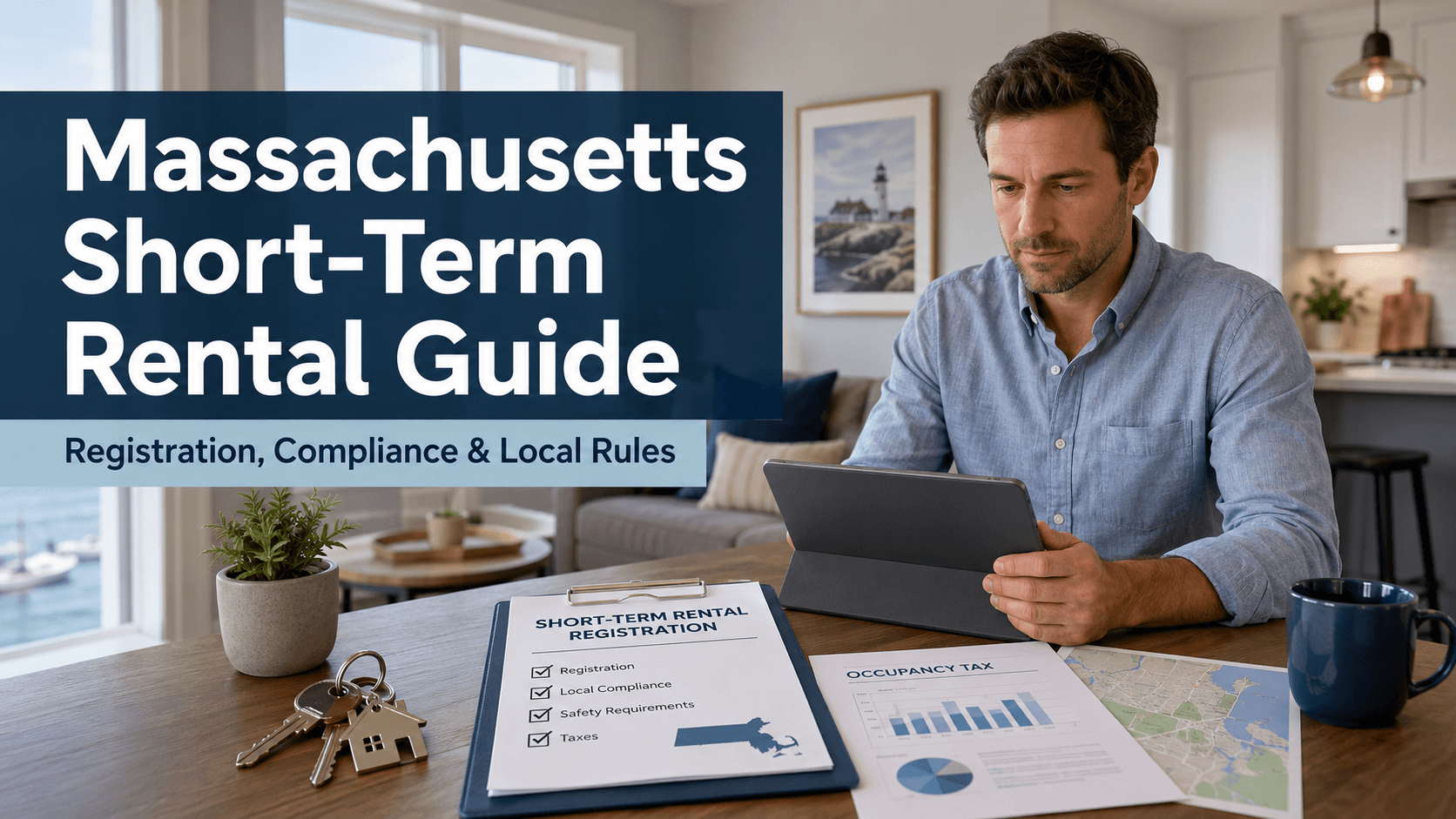 "A man reviewing short-term rental registration documents and occupancy tax charts in a bright modern apartment. A clipboard with a checklist, keys, and a tablet are on the table. Text overlay reads 'Massachusetts Short-Term Rental Guide – Registration, Compliance & Local Rules.'”