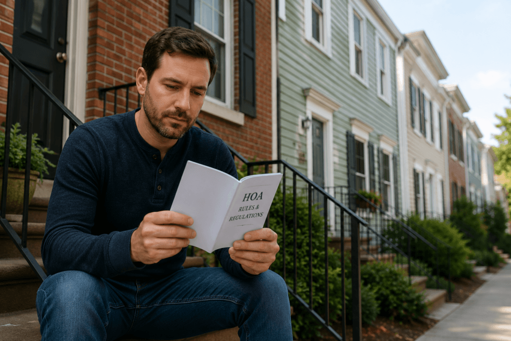 A person sits on a stoop reading a small booklet with townhouses behind them
