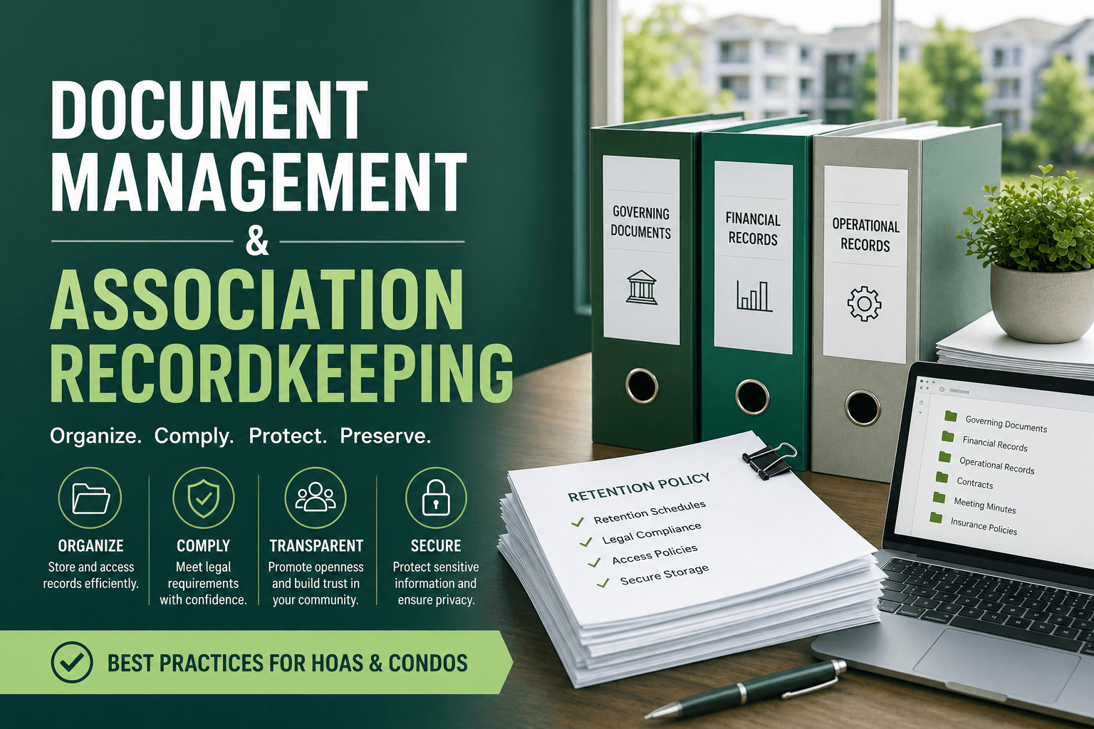Document Management & Association Recordkeeping thumbnail in Green Ocean-inspired colors, featuring office binders, a laptop with digital folders, and retention policy documents for HOA and condo boards.