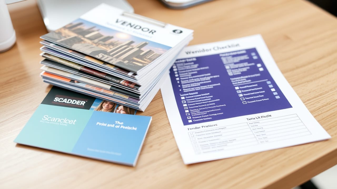 Brochures from vendors sit beside a paper checklist on a desk.