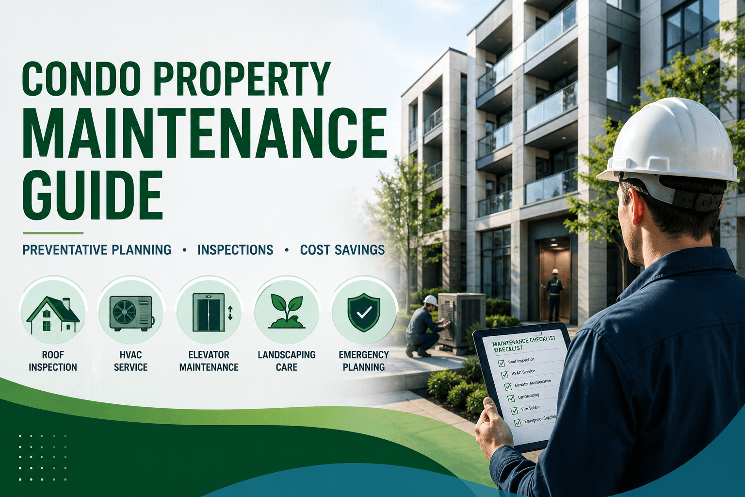 Condo property maintenance guide thumbnail showing a modern condominium, maintenance worker, checklist, and icons for roof inspection, HVAC service, elevator maintenance, landscaping, and emergency planning.