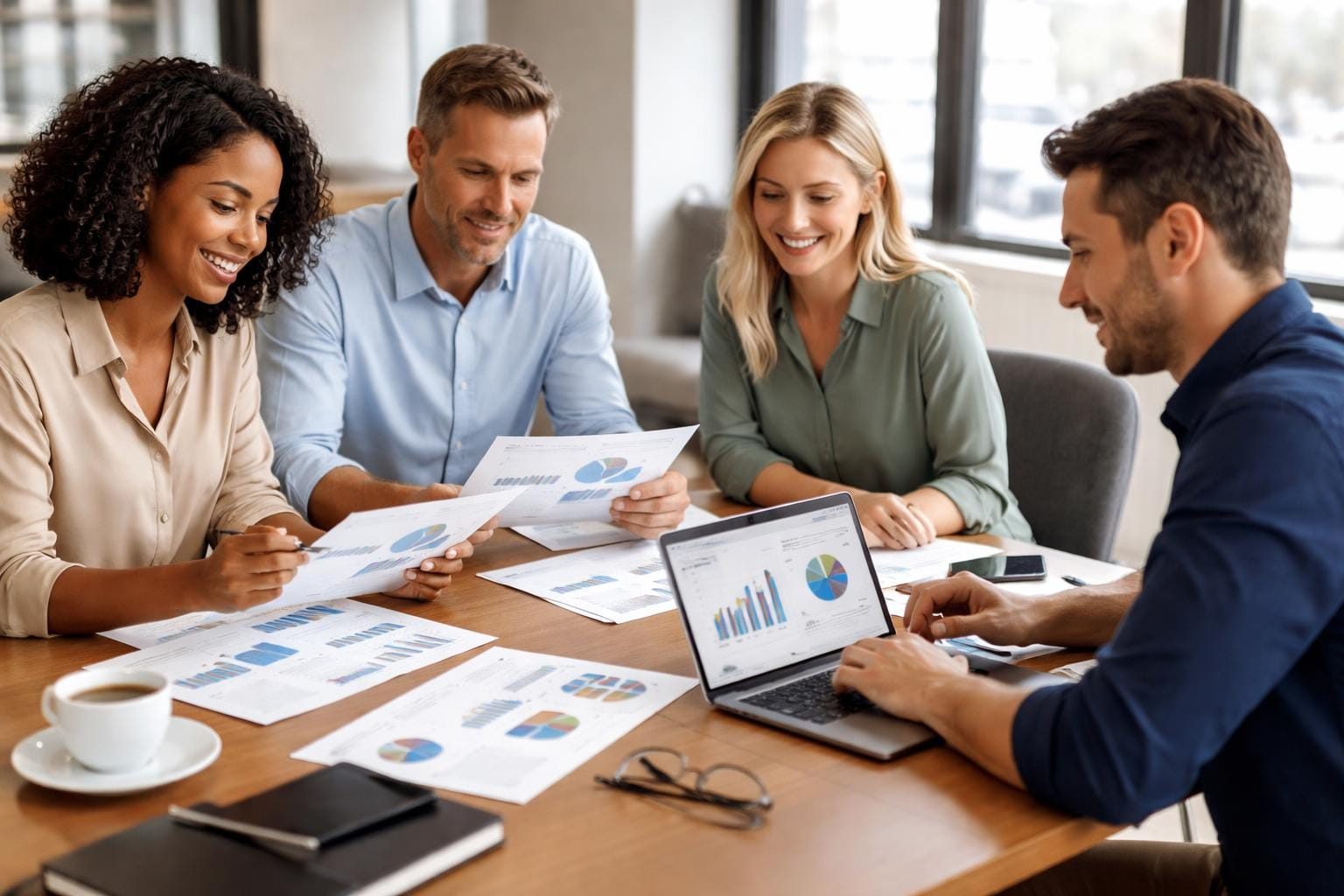 A small group of board members in business casual sitting around a table looking at printed comparison charts and a laptop.