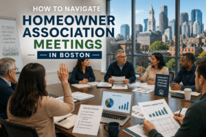 Boston condo and HOA board meeting with homeowners reviewing budgets, maintenance projects, and community decisions, illustrating how to navigate homeowner association meetings effectively.