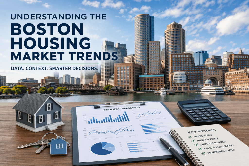 Boston skyline with a housing market analysis report, charts, calculator, house model, and keys representing real estate trends, home values, and property investment insights.