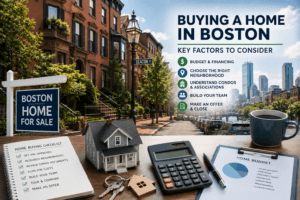 Buying a home in Boston featuring historic brownstones, home buying checklist, financing calculator, budget documents, and condo purchasing essentials.