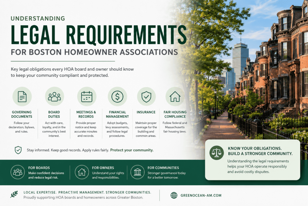 Boston homeowner association legal requirements infographic with historic Boston homes and HOA compliance topics.