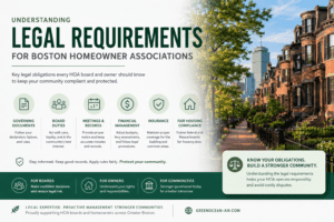 Boston homeowner association legal requirements infographic with historic Boston homes and HOA compliance topics.