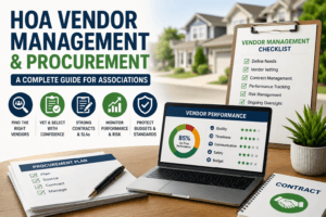 Professional HOA vendor management and procurement illustration showing vendor selection, contract management, performance monitoring, risk management, procurement planning documents, and a vendor performance dashboard for homeowner associations.