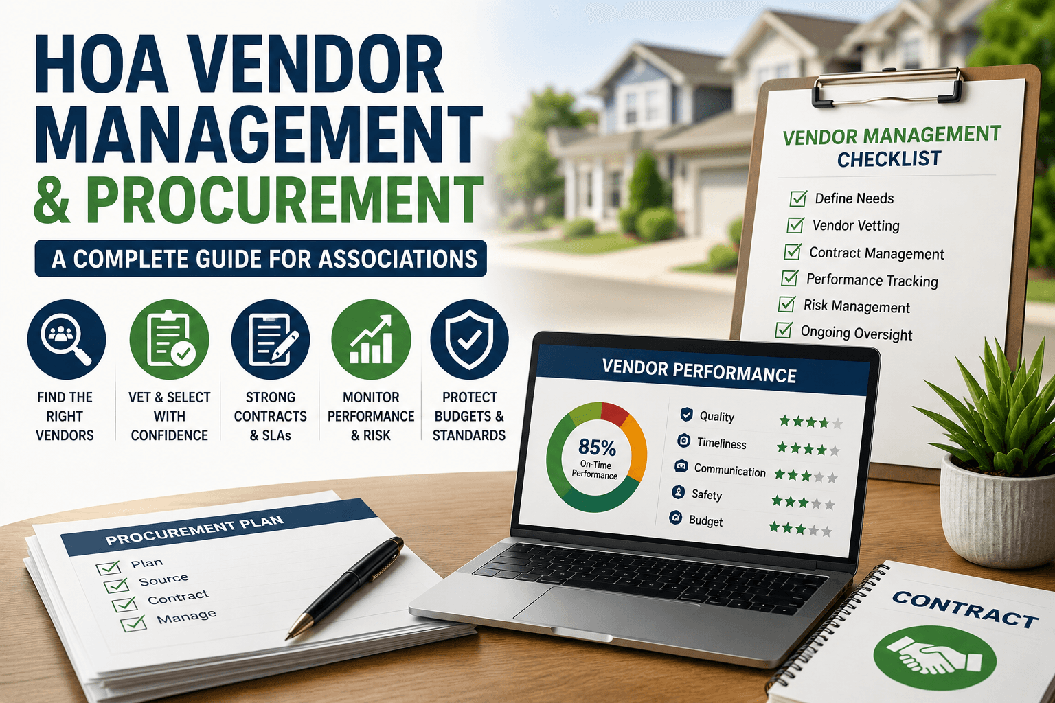Professional HOA vendor management and procurement illustration showing vendor selection, contract management, performance monitoring, risk management, procurement planning documents, and a vendor performance dashboard for homeowner associations.