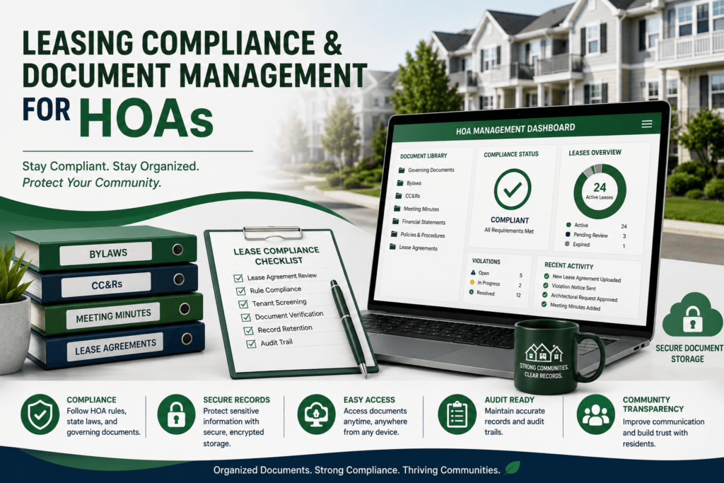 HOA leasing compliance and document management dashboard showing lease agreements, HOA records, compliance tracking, secure document storage, and community association management.