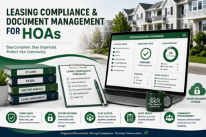 HOA leasing compliance and document management dashboard showing lease agreements, HOA records, compliance tracking, secure document storage, and community association management.