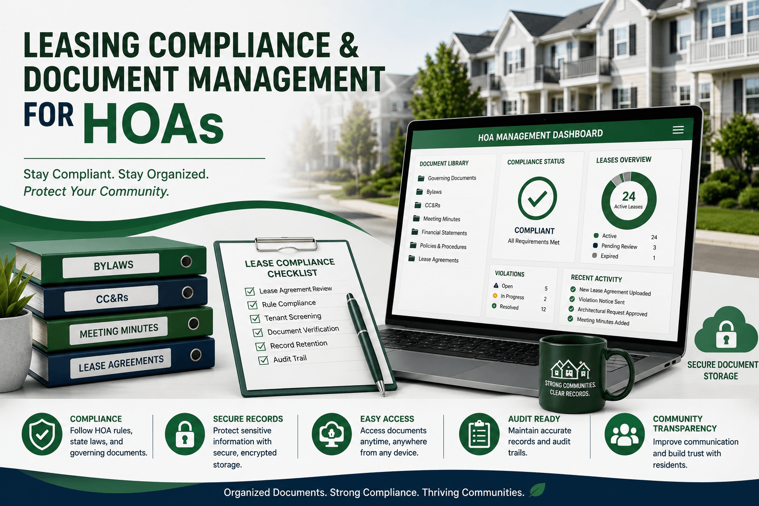 HOA leasing compliance and document management dashboard showing lease agreements, HOA records, compliance tracking, secure document storage, and community association management.