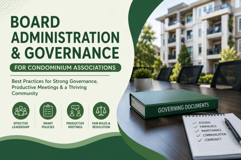 Board Administration and Governance for Condominium Associations meeting with governing documents, agenda checklist, and condo community in the background. Professional HOA board management concept featuring leadership, policy development, productive meetings, financial oversight, and fair rule enforcement for successful condominium association governance.