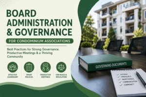 Board Administration and Governance for Condominium Associations meeting with governing documents, agenda checklist, and condo community in the background. Professional HOA board management concept featuring leadership, policy development, productive meetings, financial oversight, and fair rule enforcement for successful condominium association governance.