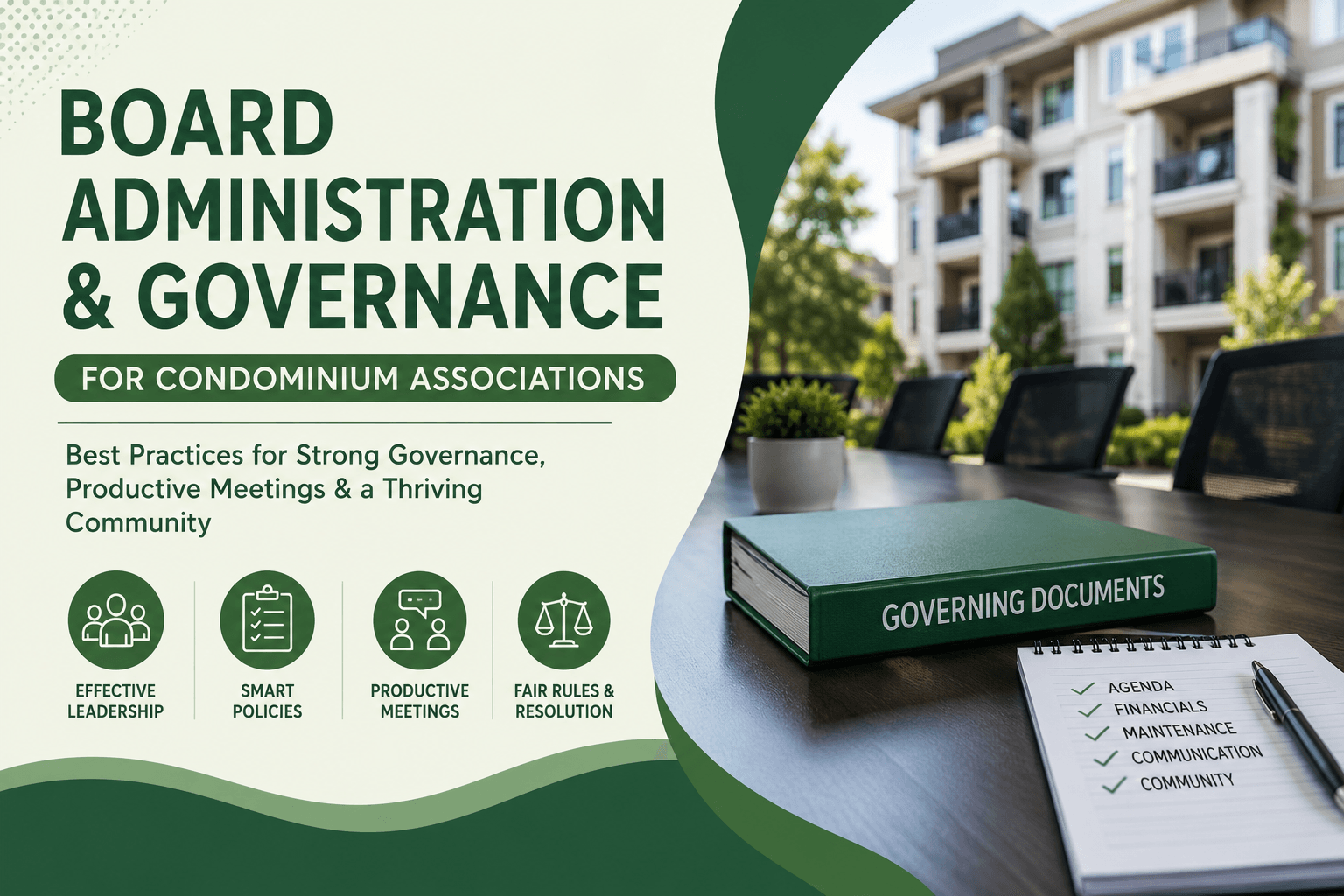 Board Administration and Governance for Condominium Associations meeting with governing documents, agenda checklist, and condo community in the background. Professional HOA board management concept featuring leadership, policy development, productive meetings, financial oversight, and fair rule enforcement for successful condominium association governance.