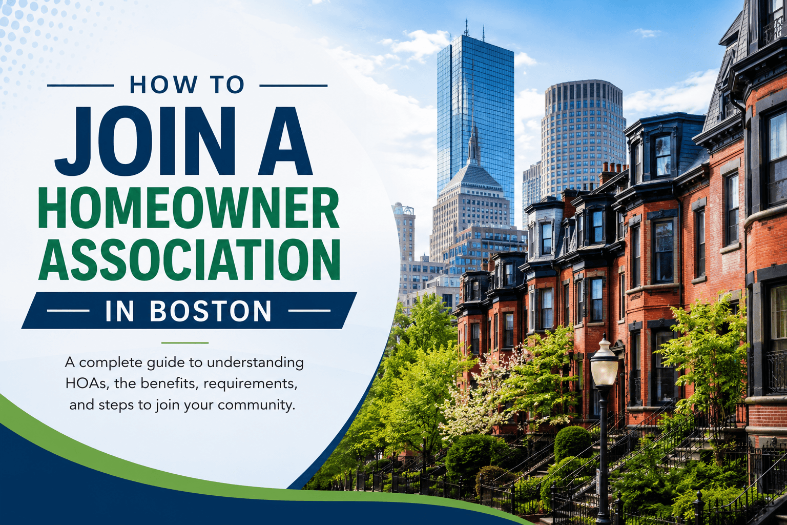 How to join a homeowner association in Boston guide with HOA community, homes, and city skyline.
