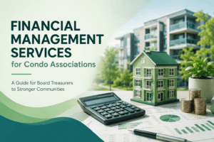 Financial management services for condo associations with a calculator, financial reports, coins, plant, and modern condo building in green tones.