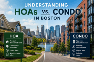 Side-by-side comparison of an HOA neighborhood and a Boston condominium building, illustrating the key differences between homeowners associations and condo associations, including ownership responsibilities, maintenance obligations, fees, and community governance in Boston.