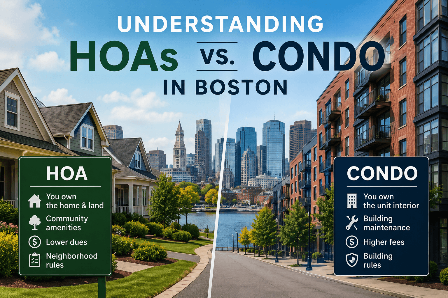 Side-by-side comparison of an HOA neighborhood and a Boston condominium building, illustrating the key differences between homeowners associations and condo associations, including ownership responsibilities, maintenance obligations, fees, and community governance in Boston.