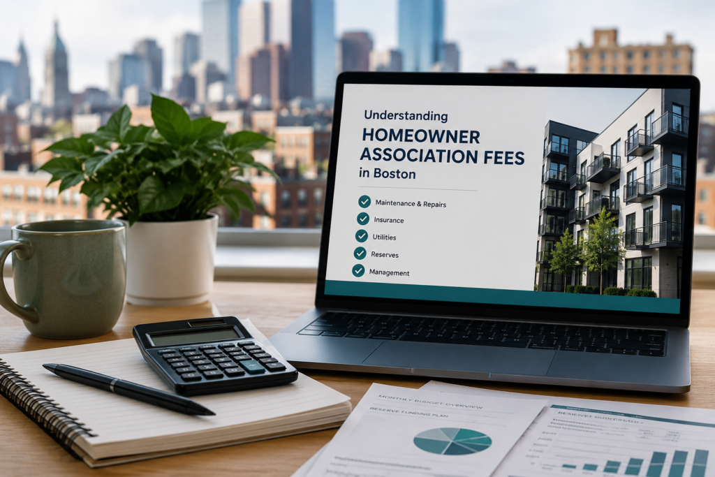 Modern office desk with financial documents and laptop displaying homeowner association fees in Boston for condominium management