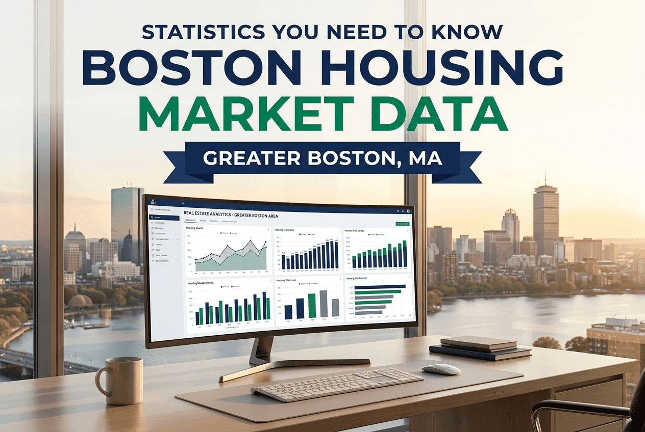 Housing data dashboard with Boston skyline illustrating local Boston housing market statistics owners and boards should track.