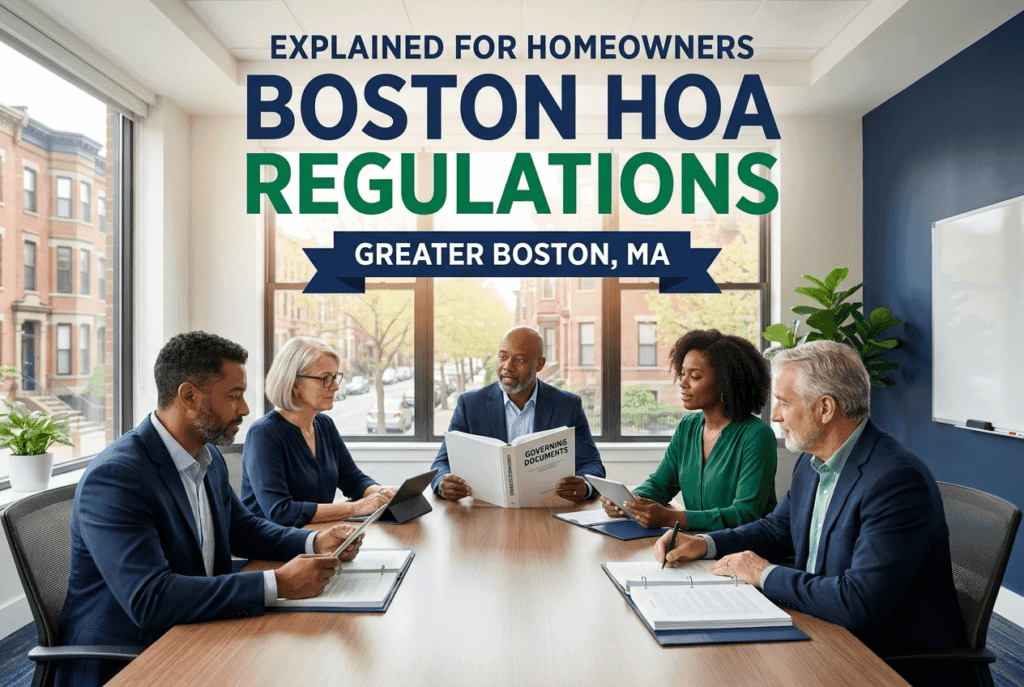 HOA board reviewing a rulebook and governing documents, illustrating Boston MA HOA regulations for homeowners.