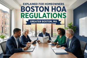 HOA board reviewing a rulebook and governing documents, illustrating Boston MA HOA regulations for homeowners.