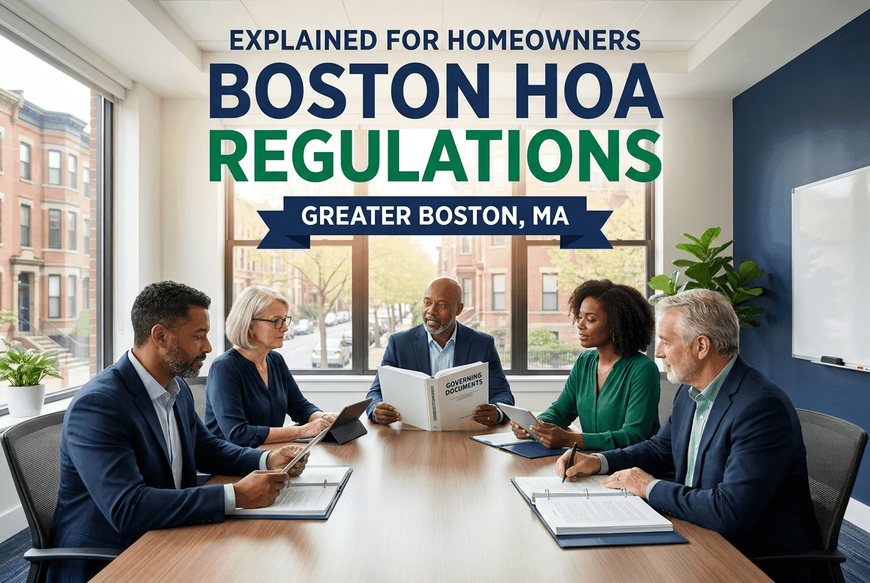 HOA board reviewing a rulebook and governing documents, illustrating Boston MA HOA regulations for homeowners.