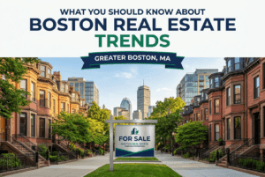 Boston skyline and brownstone rowhouses illustrating current Boston MA real estate trends for homeowners, condo boards, and investors.