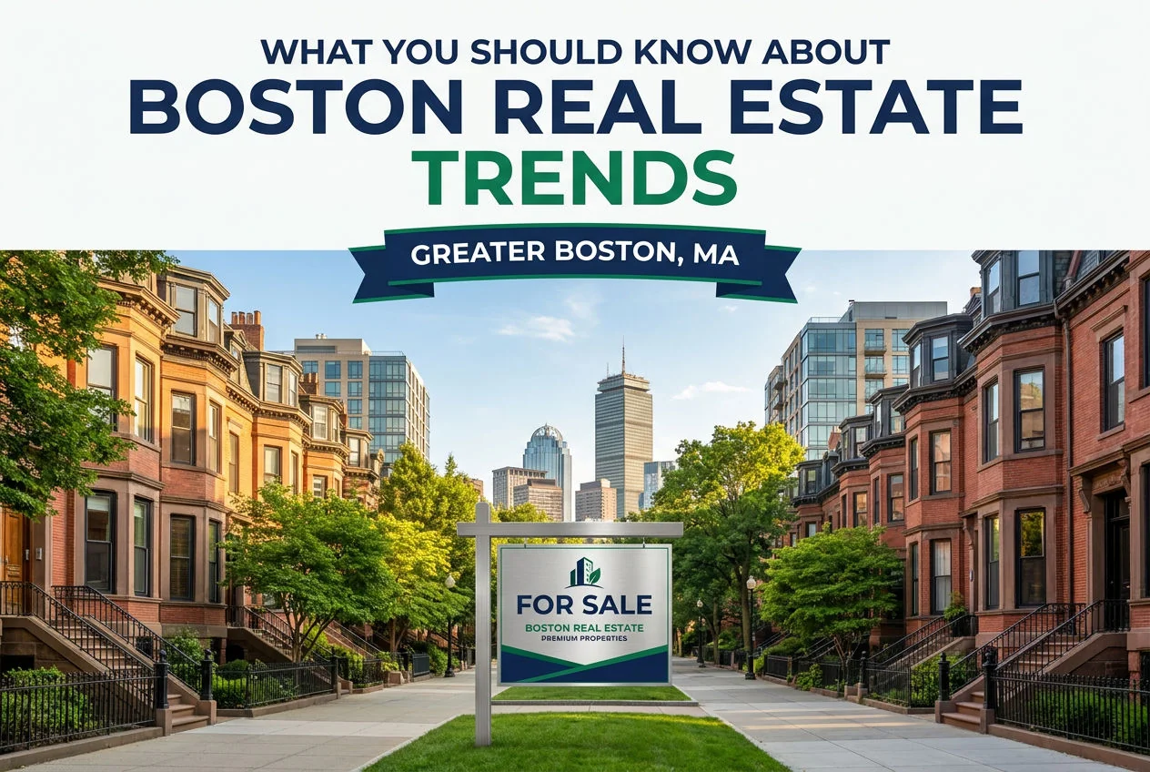 Boston skyline and brownstone rowhouses illustrating current Boston MA real estate trends for homeowners, condo boards, and investors.