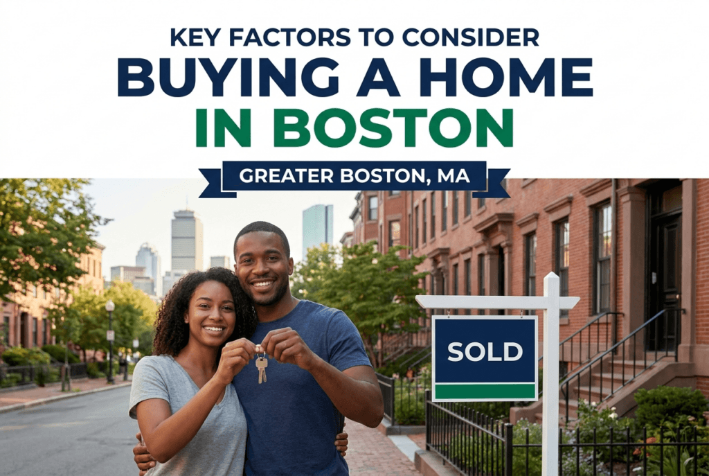 Diverse couple holding keys in front of a Boston brownstone condo, illustrating key factors for buying a home in Boston.