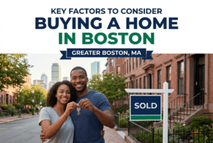 Diverse couple holding keys in front of a Boston brownstone condo, illustrating key factors for buying a home in Boston.