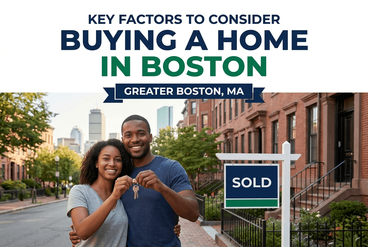 Diverse couple holding keys in front of a Boston brownstone condo, illustrating key factors for buying a home in Boston.