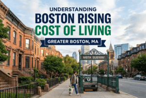 Boston brownstone street and MBTA entrance illustrating the rising cost of living in Boston for owners and condo boards.